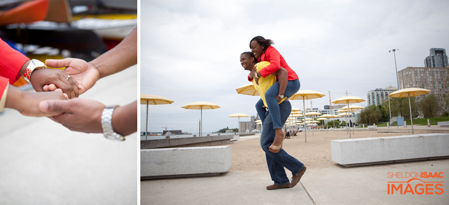 Piggy back rides during engagement photography session