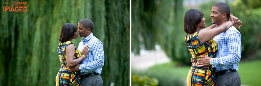 Bride and Groom to be by a tree in the Toronto Musical Garden