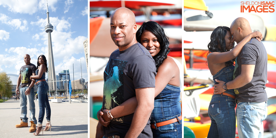 Engaged Couple Hugging near canoes in Toronto