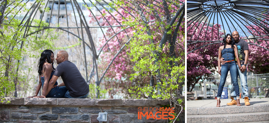 Engaged Couple in Toronto Music Garden Talking