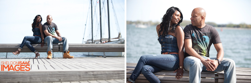 Engaged Couple posing downtown Toronto near docked ships