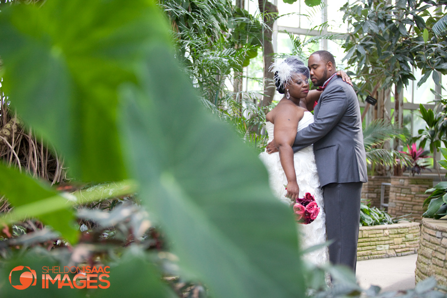 Groom holding the Bride in the Green House