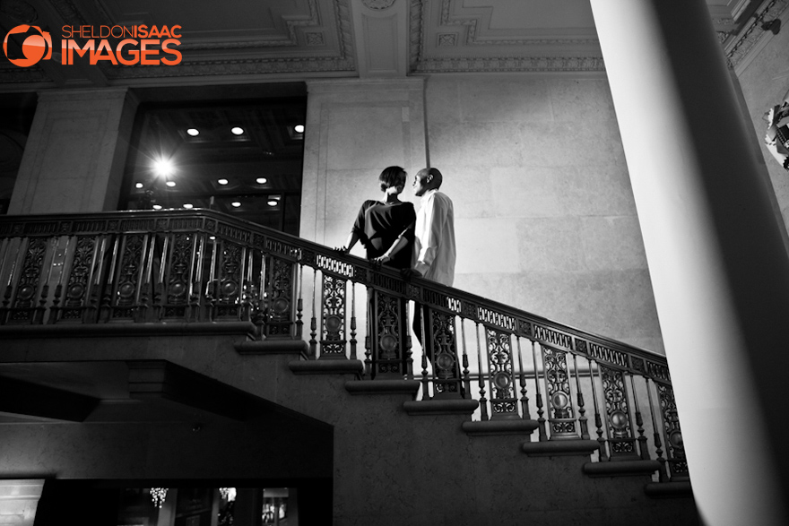 Engagement Photos Toronto One King West Hotel Couple on the stairs