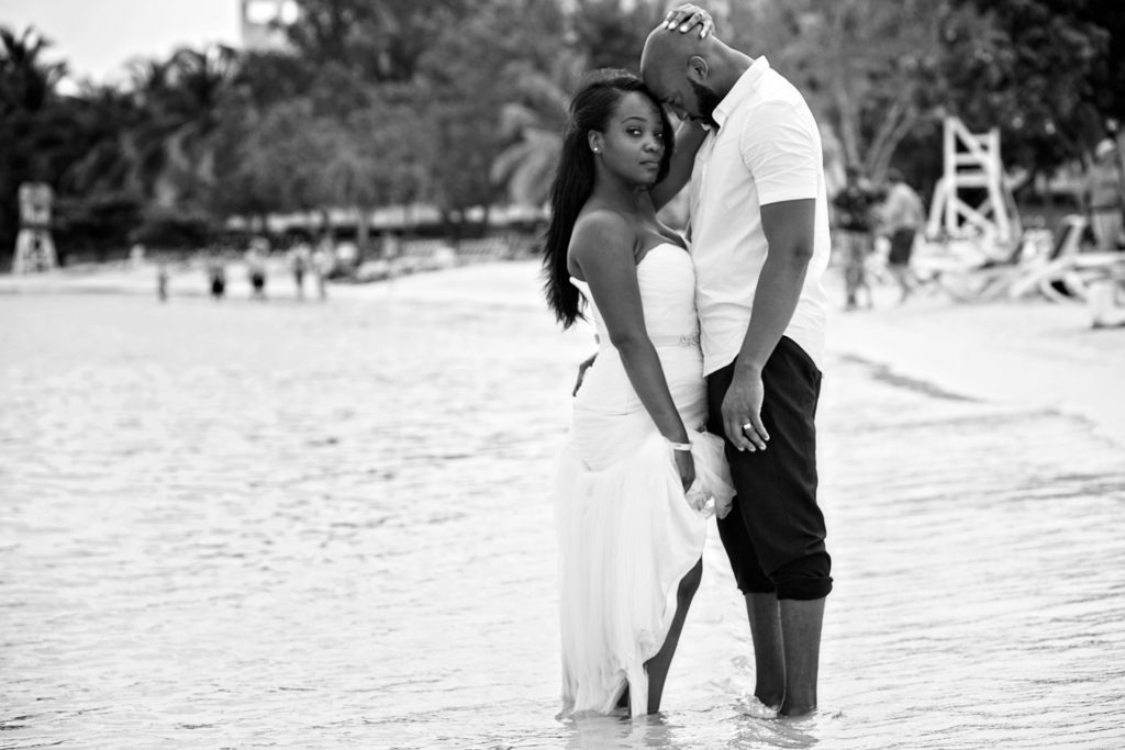 Black and white photo of Bride and Groom Trash the dress in Montego Bay Jamaica