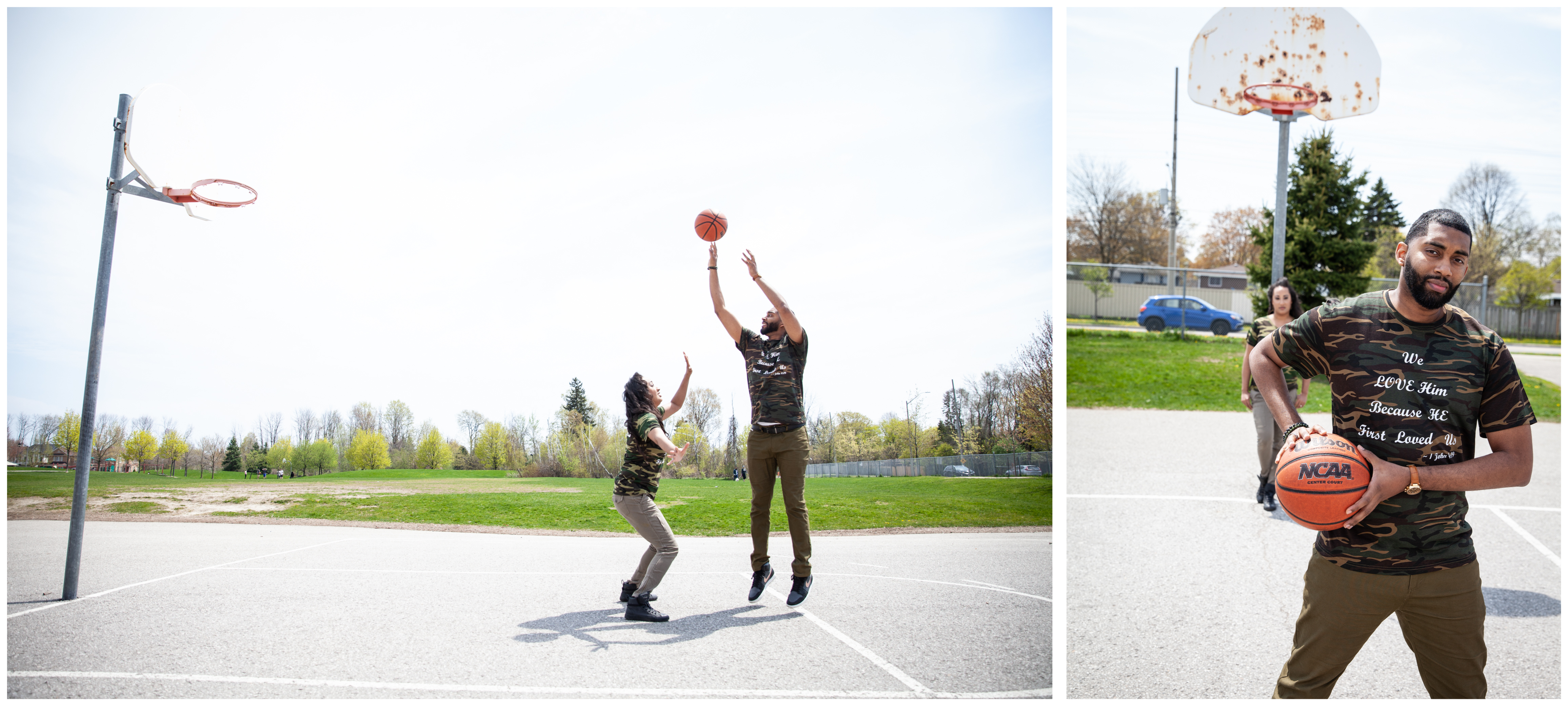 Couple playing basketball during their engagement shoot in Ajax