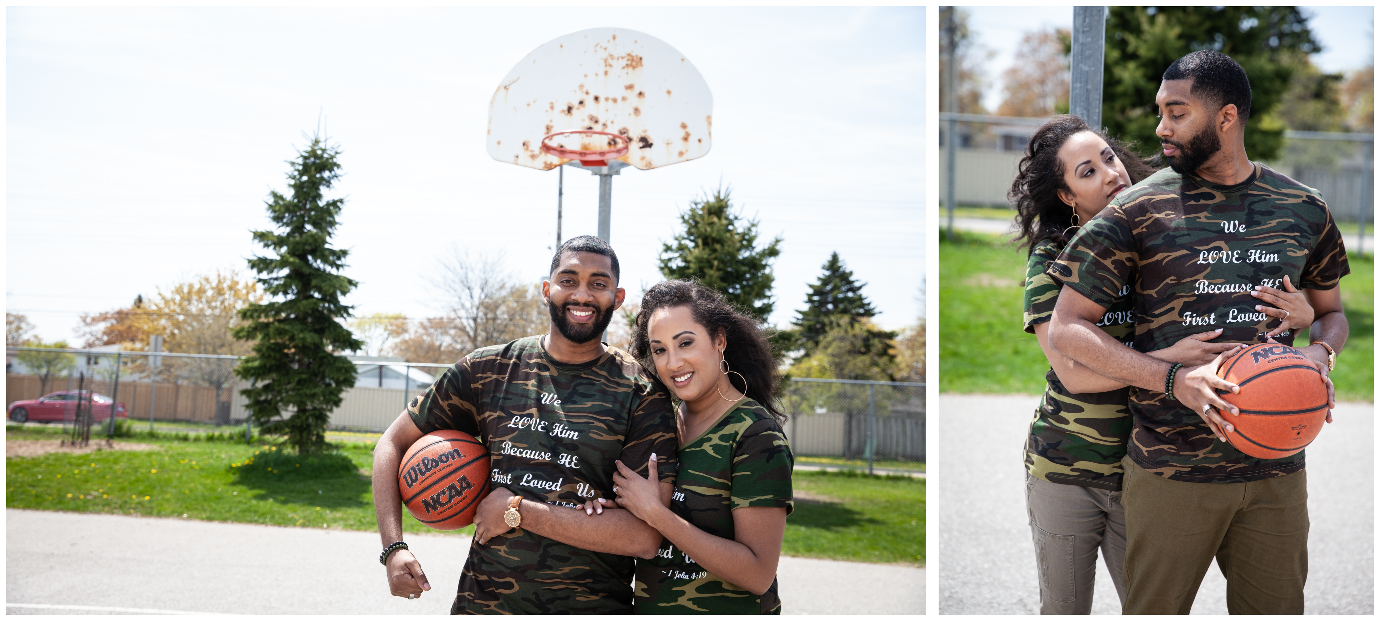 Engagement photo of a couple on the basketball court in Ajax