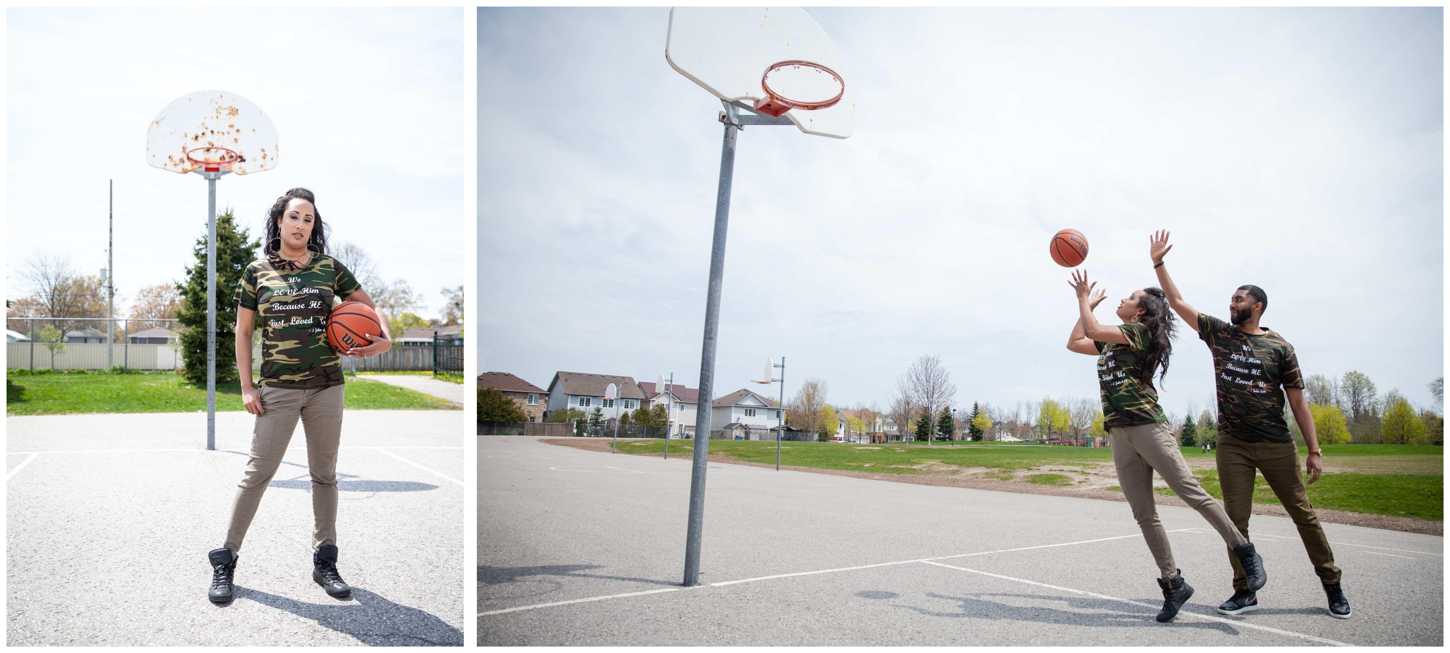 Engaged couple playing basketball in Ajax