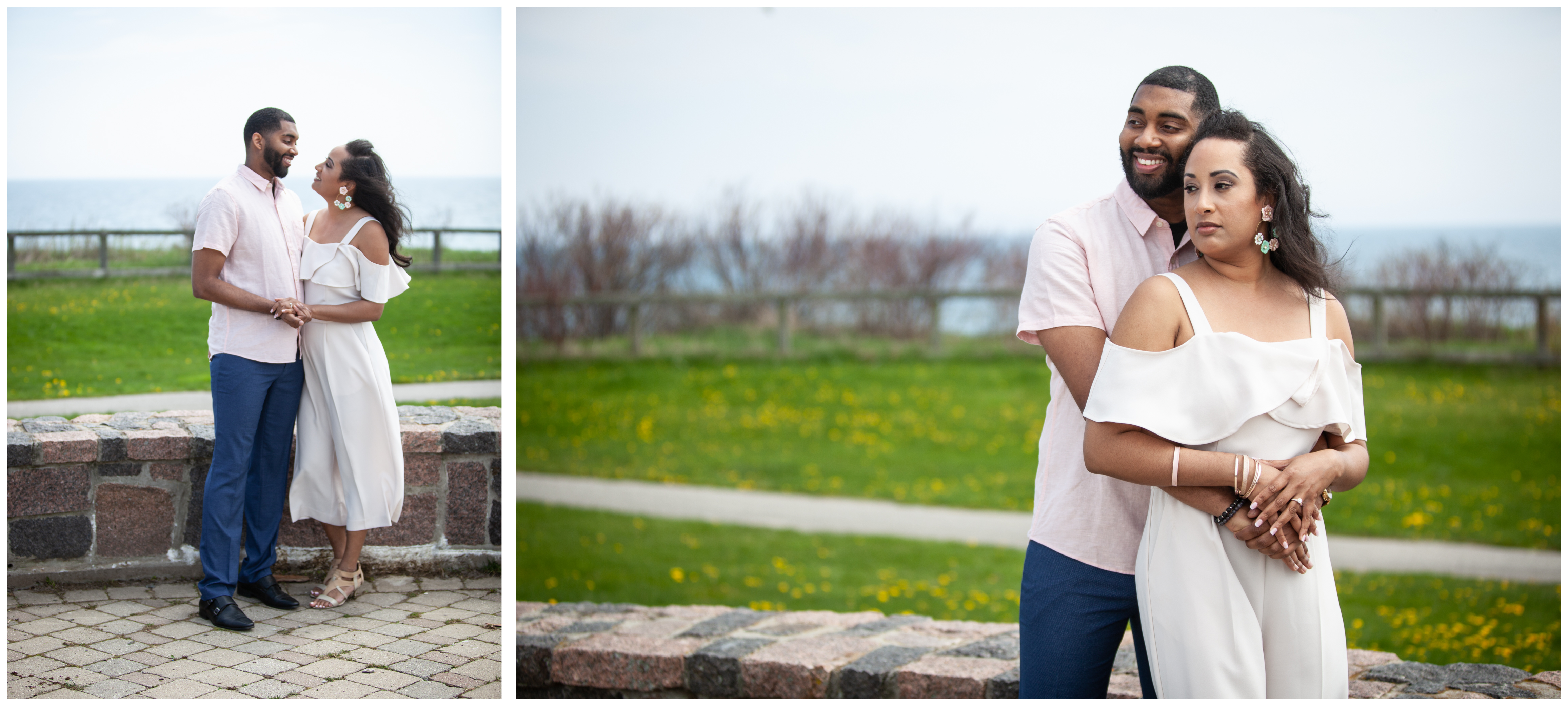 Couple hugging at Ajax's Lakeside Park during their Engagement Session