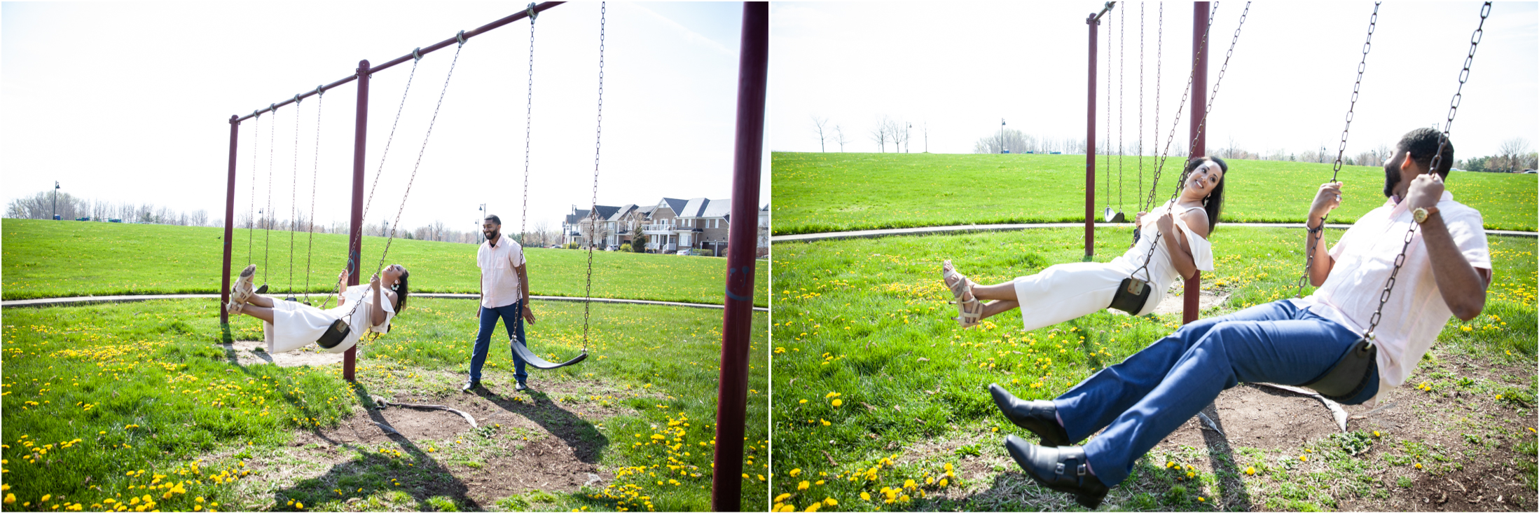 Engagement session photo of a couple on the playground swing set at Ajax's Lakeside Park