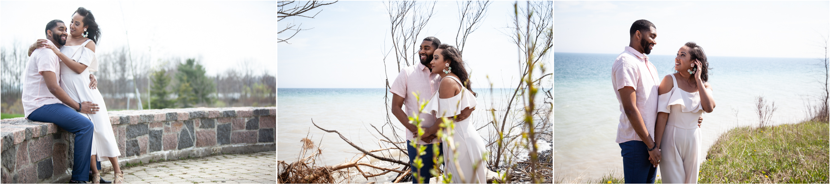 Beautiful couple smiling at their Engagement photoshoot at Lakeside Park in Ajax