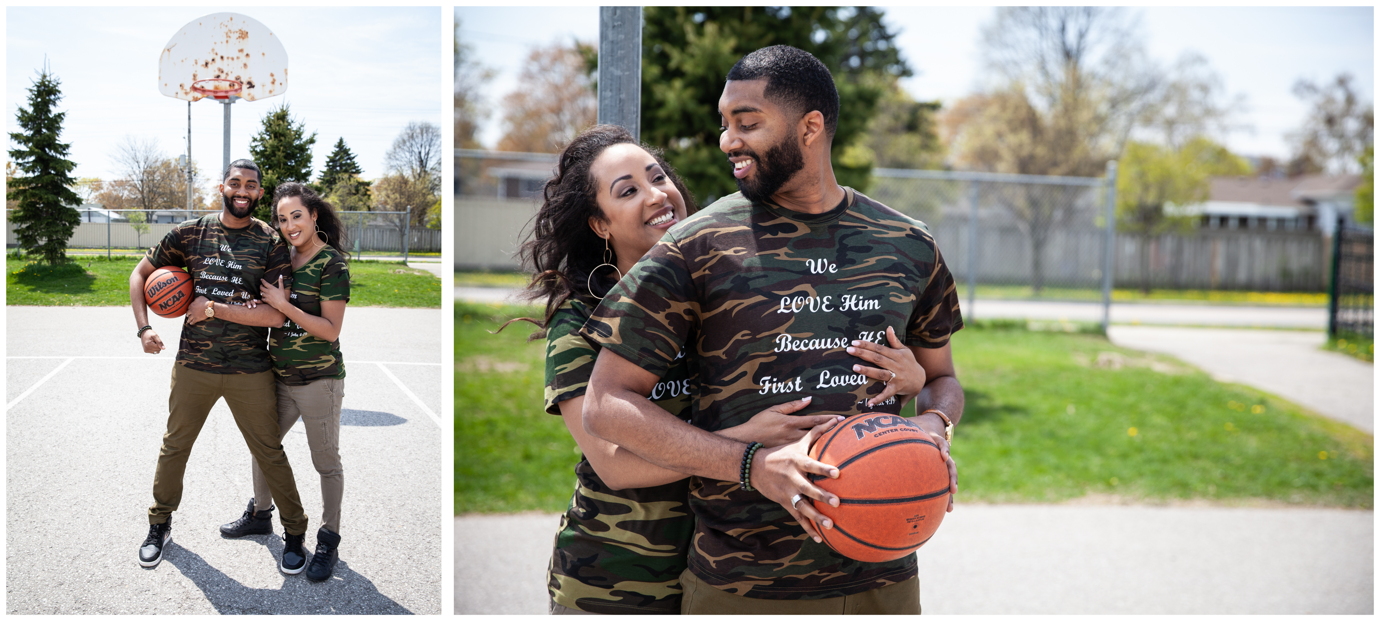 Engagement session photo of a couple on the basketball at Ajax's Lakeside Park