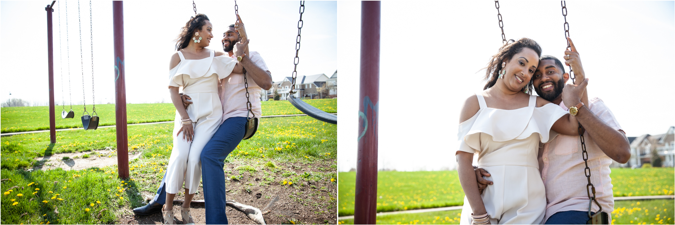 Engagement photo of a couple on the playground swing set