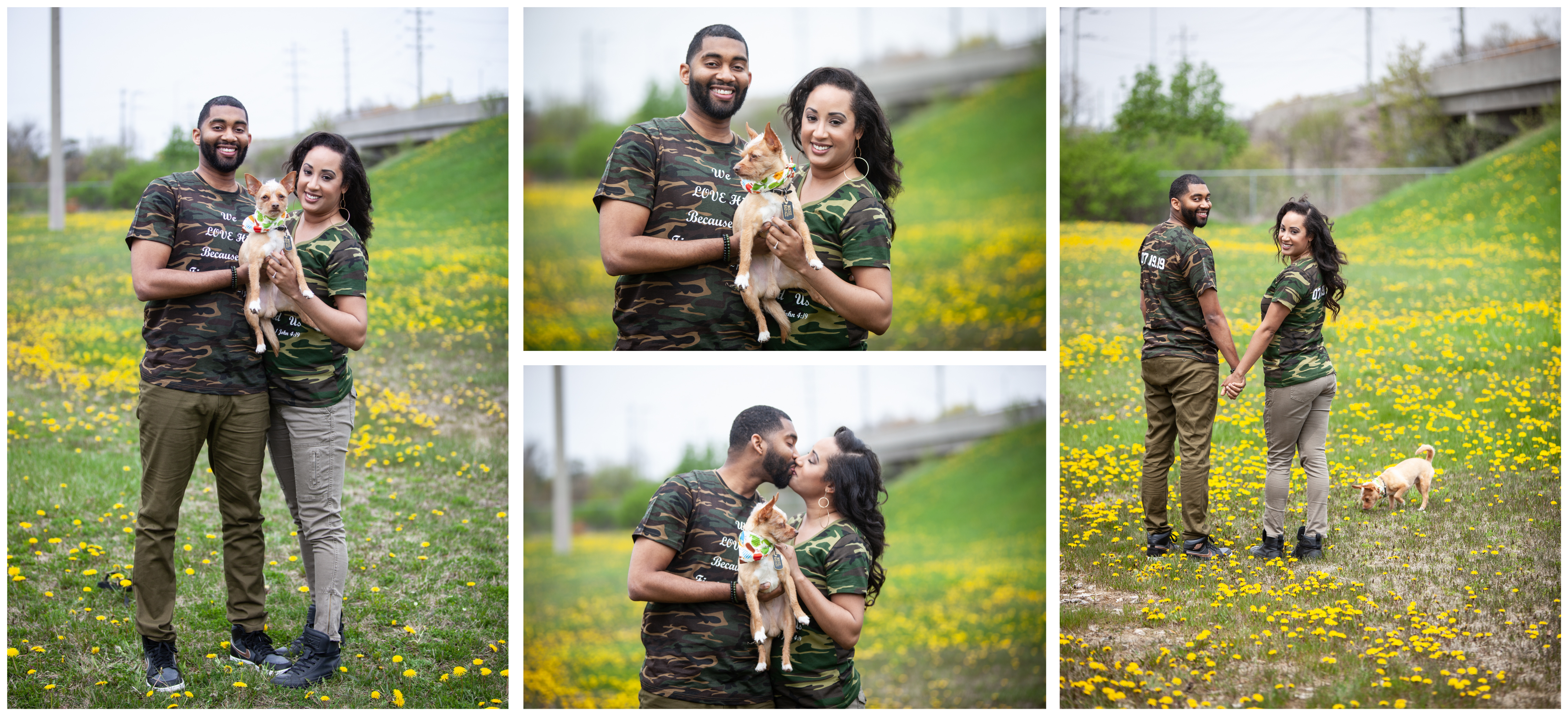 A Couple with their pet dogs during an engagement shoot in a Whitby park