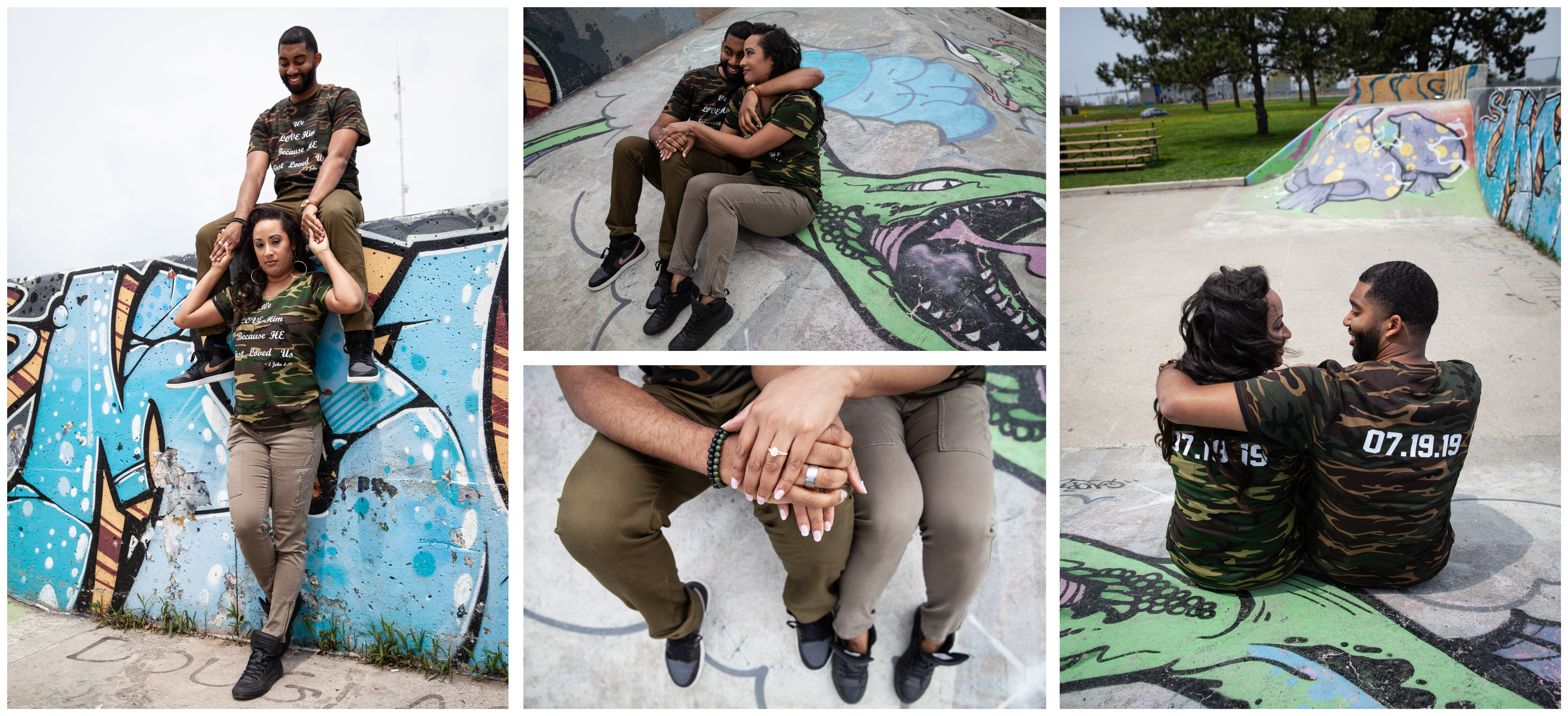 Couple hugging at a Whitby Skate Park during their Engagement Session