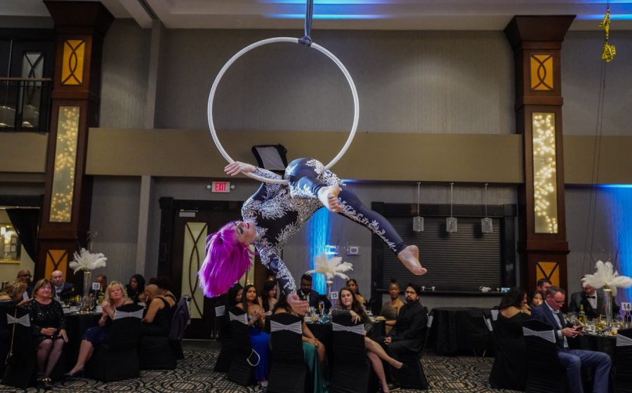 Corporate gala photographer Toronto - aerial performance over a full ballroom
